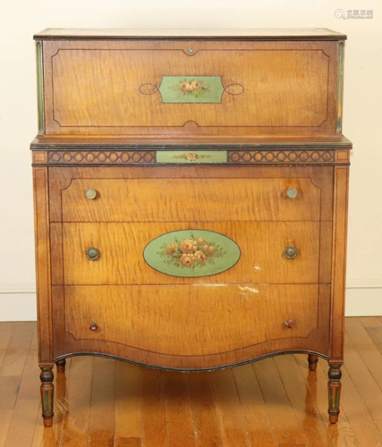 American 1920s Hand Painted Tiger Maple Chest