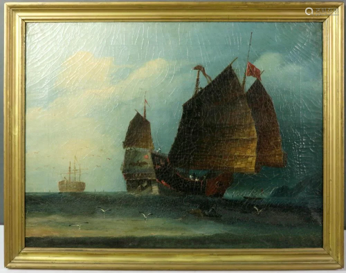 Early 19thC Chinese Export Sailboats Oil on Canvas