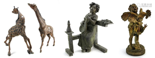 Bronze Giraffes, Woman, and Child with Rooster