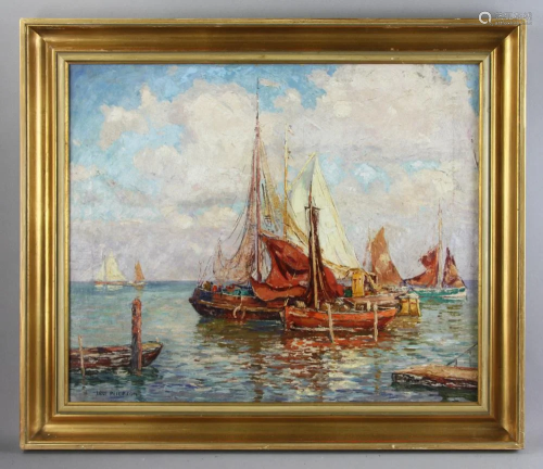 Signed Jane Peterson, Sailboats in Harbor