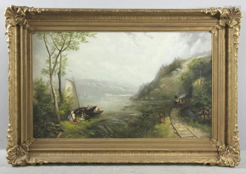 Signed JF Cropsey, Lakeside Scene with Train