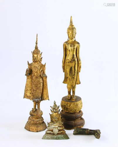 Bronze and Carved Teak Buddha Figures
