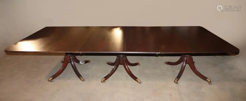 19thC Triple Pedestal Mahogany Dining Table