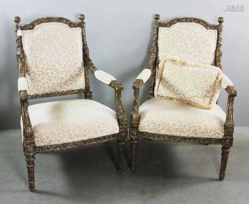 Pair of Custom French Louis XVI Style Carved Armchairs