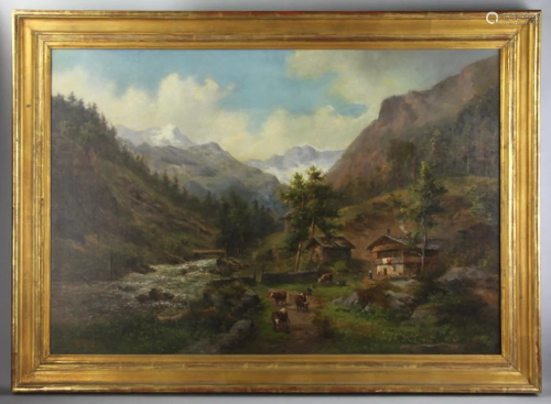 Signed H Herzog, Mountain Landscape with Cows