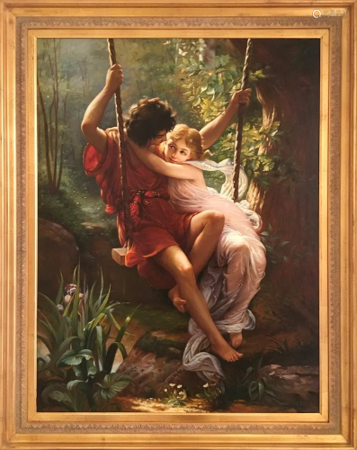19thC Style, Lovers on Swing, Oil on Canvas