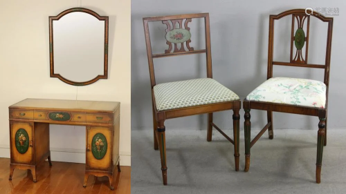 American 1920s Tiger Maple Vanity, Mirror, (2) Chairs