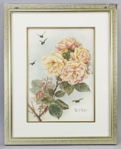 Signed Paul de Longpre, Roses with Bees