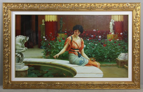 19thC Style, Girl by Fountain, Oil on Canvas