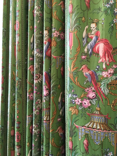 Pair of Green Chinoiserie Motif Draperies