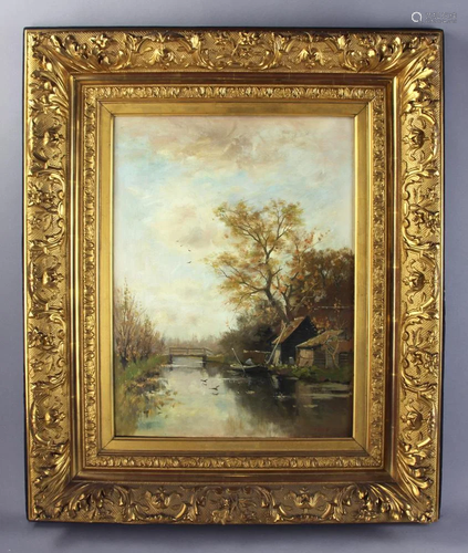 Signed Corot, Cottage on River with Bridge