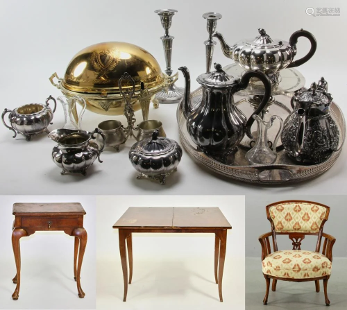 Silver, Silverplate, Tables and Armchair