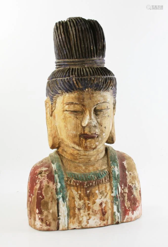Carved Painted Wood Sculpture of Buddha