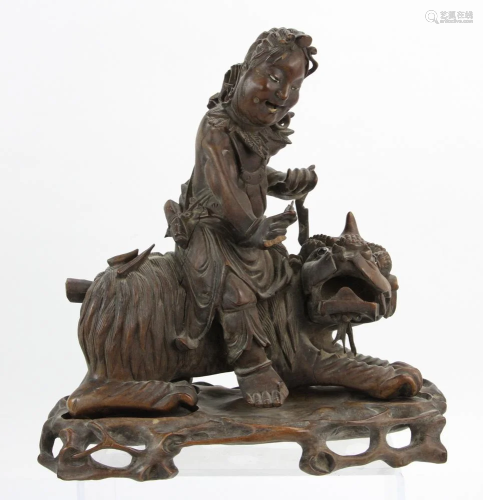 19thC Chinese Carved Wood Figure on Foo Dog