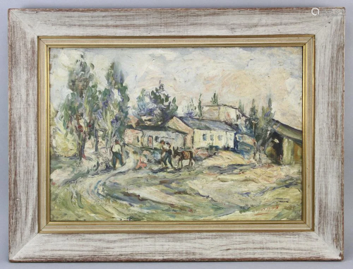 Impressionist House with Figures, Oil on Canvas