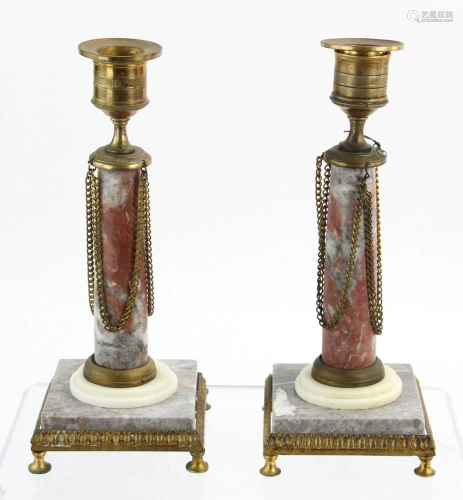 Pair of Marble and Bronze Dore Candlesticks