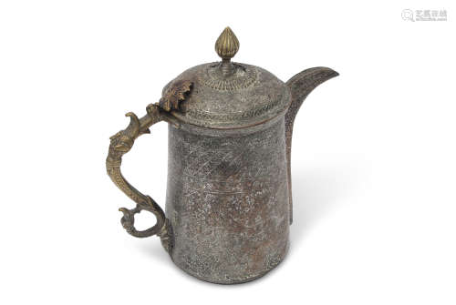 Ornate vintage Arabic Islamic Dallah coffee pot, 19th century, extensively decorated with ornate