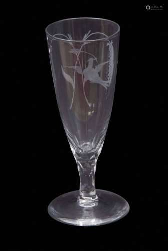 Mid-18th century diamond facet cut ale glass, the bowl engraved with ears of corn with a bird an ear