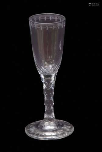 Mid-18th century ale glass, the bowl and plain foot both engraved with rim bands of 