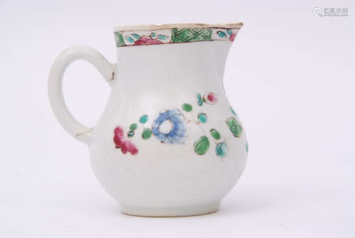 Bow porcelain famille rose sparrowbeak jug, circa 1755, (rim chips), 7cm high