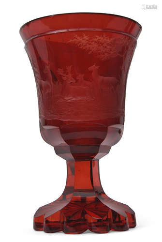 19th century Bohemian ruby glass vase or goblet, the bowl finely engraved with stags and deer in a