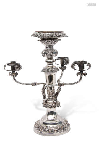 Large early Victorian silver plated centrepiece of candelabrum form, the circular base and
