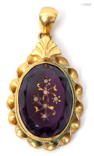 Victorian oval purple glass pendant, the faceted centre engraved and set with six small milk glass