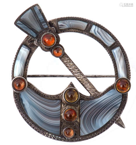 Citrine agate Scottish brooch, designed as a thistle and lock, inlaid with agate and accented with