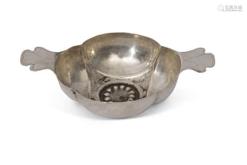 Late 18th century Scottish (?) provincial miniature quaich with prick engraving decoration,