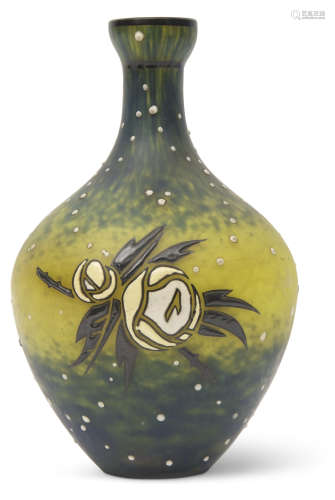 Green glass Art Deco cameo vase enamelled by Andre Delatte Meuller Freres Nancy with a floral design