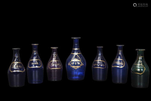 Group of Bristol Blue decanters, various titles including Hollands, Rum and Brandy and further green