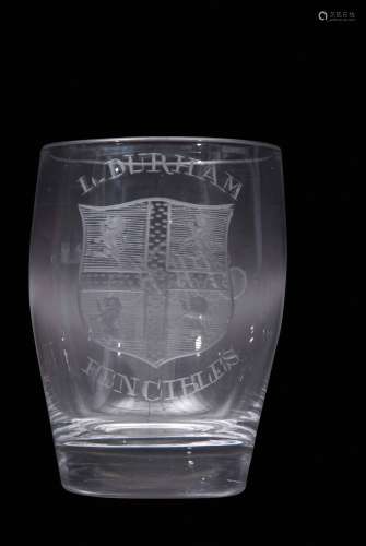 Absolon engraved glass tumbler, the front engraved with the arms of the See of Durham with the 