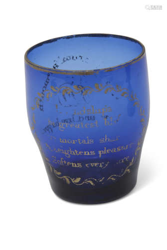 Absolon blue glass rummer, barrel shaped, gilded with initials and 