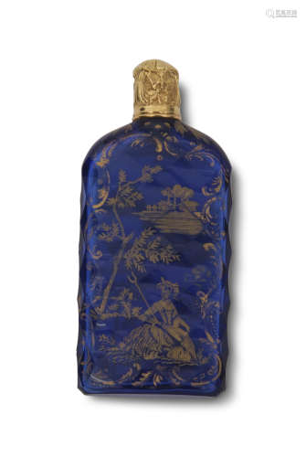 Fine 18th century Bristol blue glass scent bottle by James Giles, painted in gilt throughout with