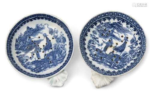 Pair of 18th century Caughley porcelain egg drainers with a blue and white fisherman printed