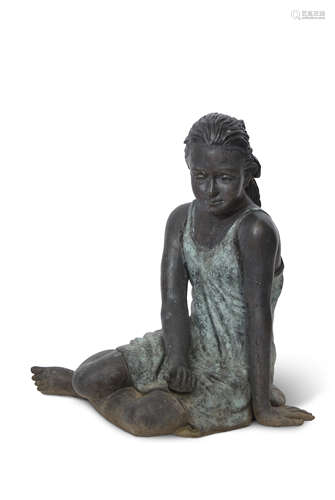 Good quality bronze model of a seated girl with multiple patina, with legs to one side and cupped