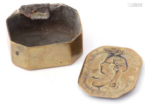 Early 19th century tinned brass pill box of hinged rectangular form with canted corners (hinge a/f),