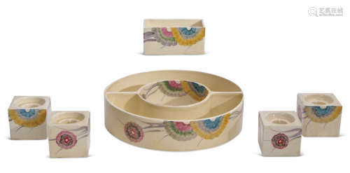 Collection of Clarice Cliff decorated with a Viscaria type pattern, including two square shaped