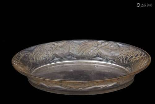 Large 1930s Lalique oval dish, the border with a moulded design of birds, probably pheasants, within