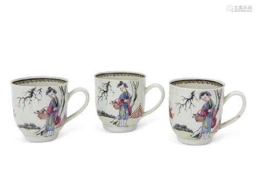 Three 18th century Liverpool Chaffers porcelain coffee cups, finely painted with polychrome