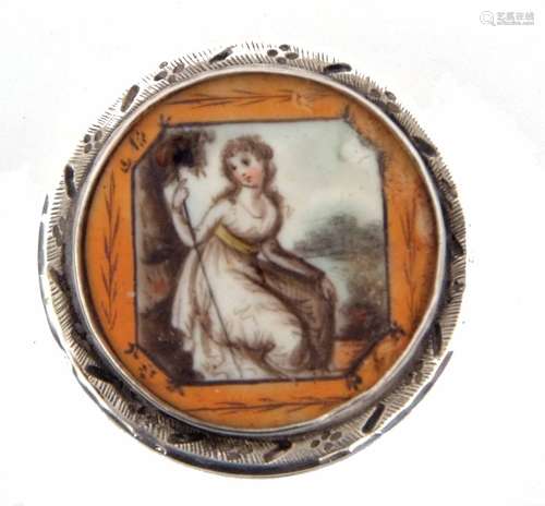 Early 19th century small Georgian silver patch box and lid of circular form, the lid reverse painted