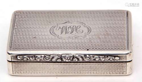 Large Victorian snuff box of rectangular form, having all over engine turned decoration, cartouche