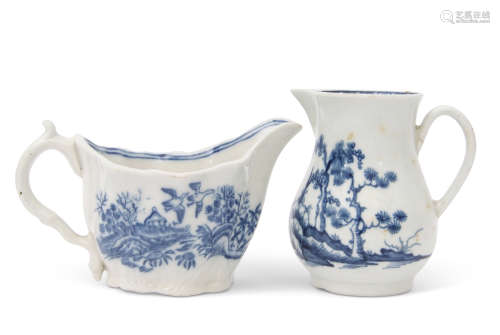 18th century Worcester Chelsea ewer shaped sauce boat with a printed floral pattern in blue,