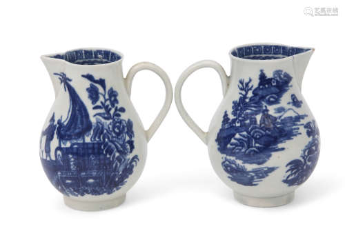 Two 18th century Worcester porcelain sparrowbeak jugs with underglaze blue printed decoration with