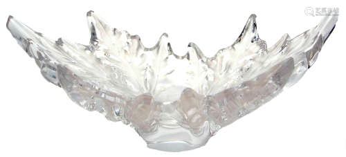 An impressive Lalique clear and frosted glass pedestal leaf dish with shaped rim, 44cm diam R