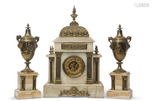 Last quarter of 19th century alabaster clock garniture, the central clock of temple form with ormolu