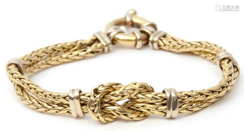 750 stamped bracelet, a two-strand woven design with central tied knot and five spacers to a bolt