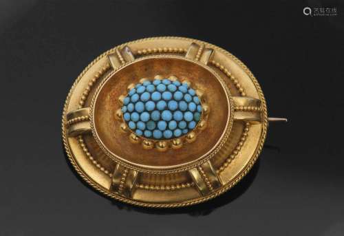 Victorian yellow gold and turquoise oval target brooch, circa 1880, centred with a dome of tiny