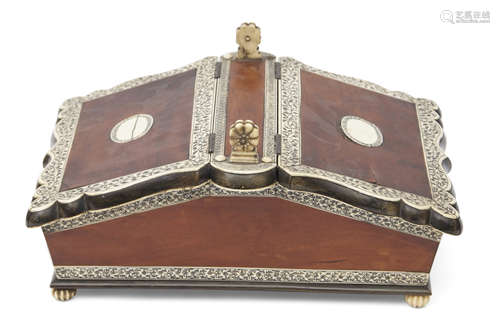 Anglo-Indian bone/ivory mounted decorative box of rectangular form of two sloping lifting covers