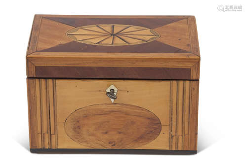 Small Sheraton style caddy box, of rectangular form, the lid inset with central shell panel and with